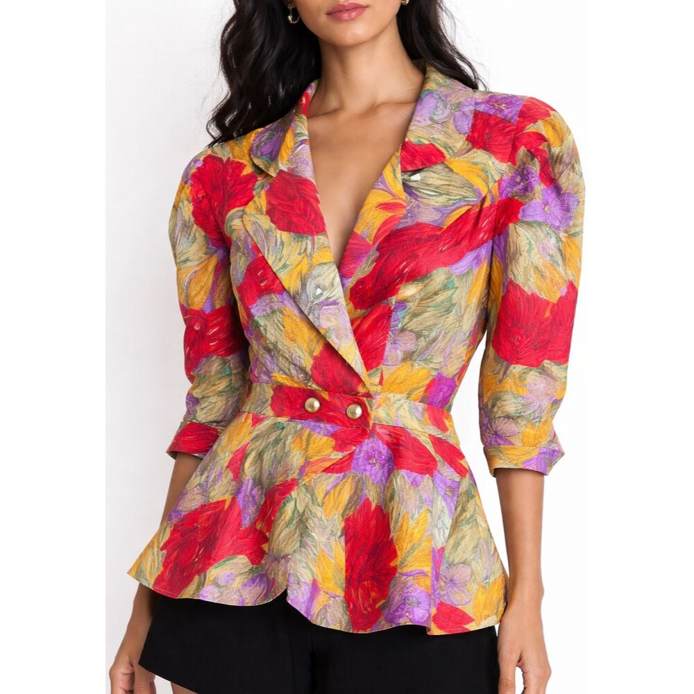 Vintage 80s 90s Floral Peplum Blouse Jacket Bold Abstract Print Gold Button Top